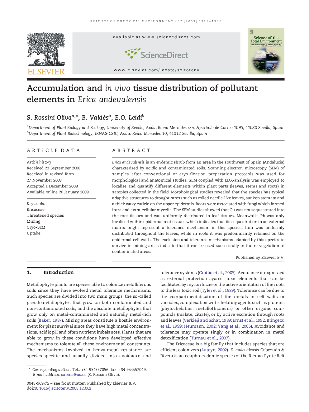 Accumulation and in vivo tissue distribution of pollutant elements in Erica andevalensis