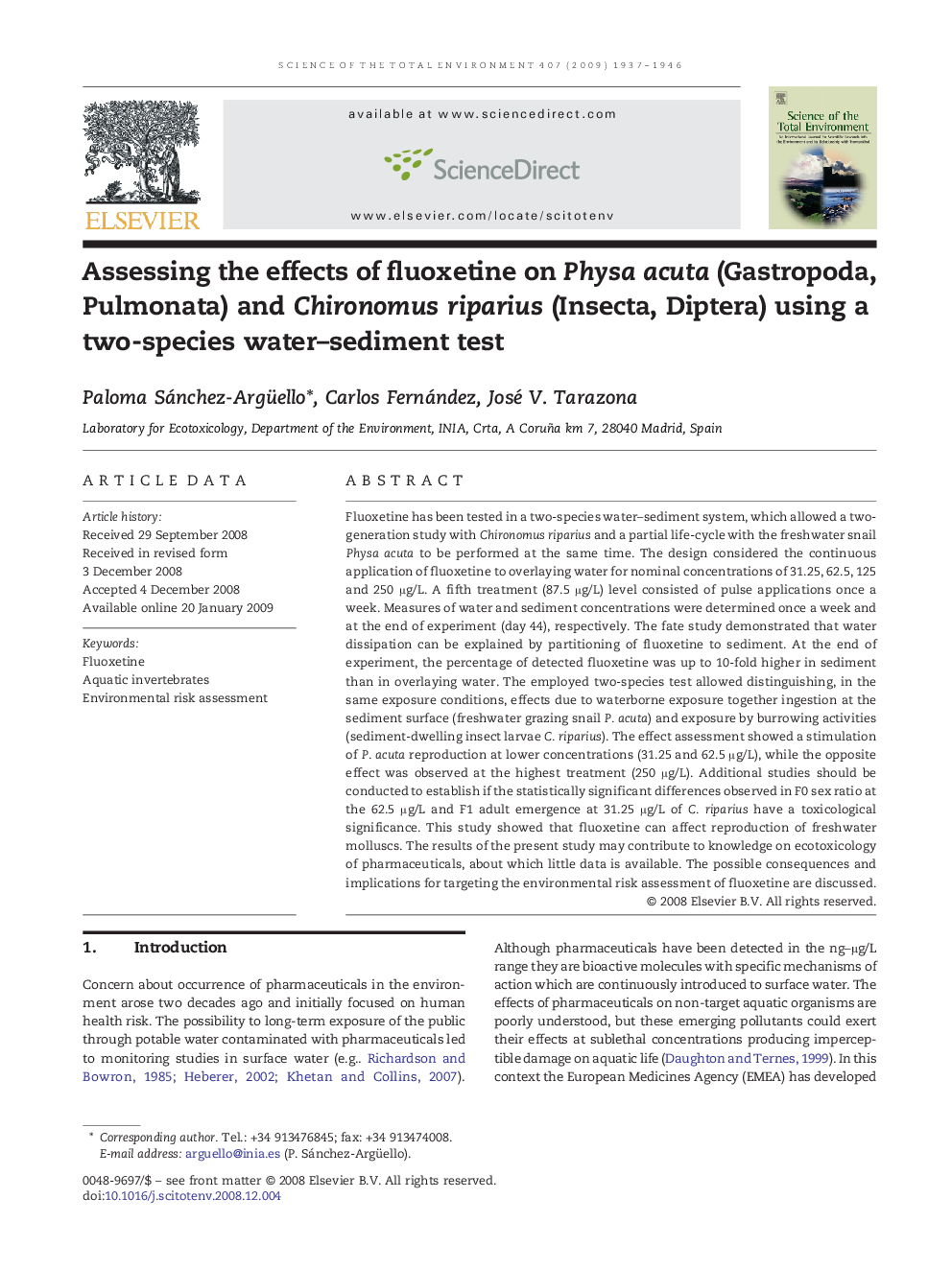 Assessing the effects of fluoxetine on Physa acuta (Gastropoda, Pulmonata) and Chironomus riparius (Insecta, Diptera) using a two-species water–sediment test