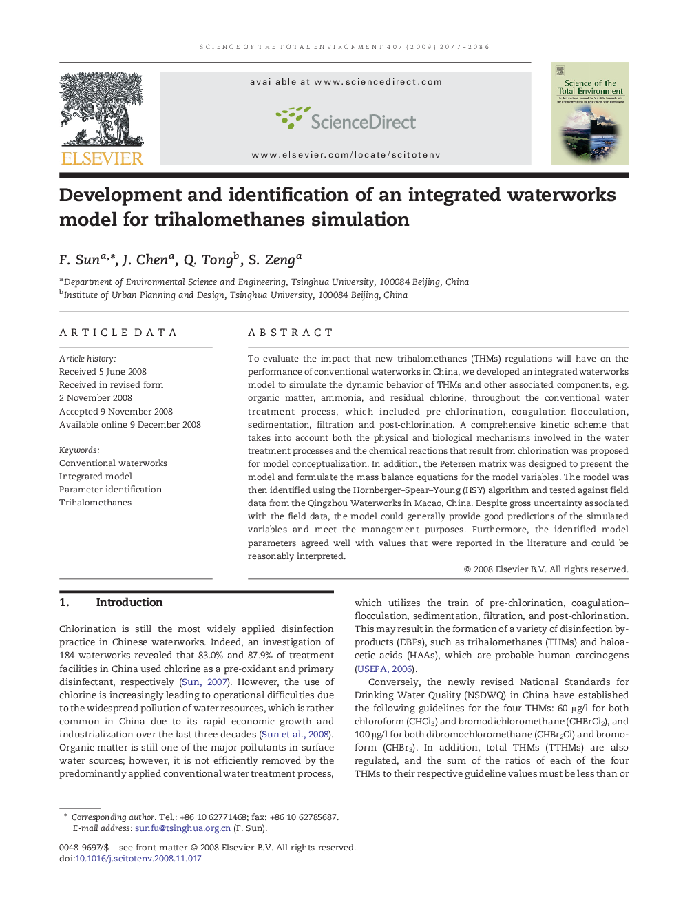 Development and identification of an integrated waterworks model for trihalomethanes simulation