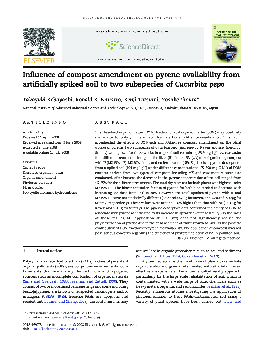 Influence of compost amendment on pyrene availability from artificially spiked soil to two subspecies of Cucurbita pepo