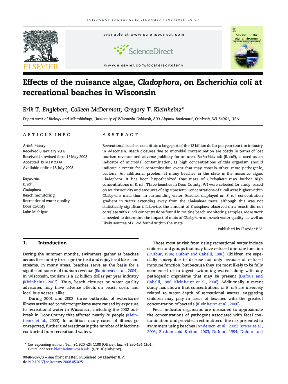 Effects of the nuisance algae, Cladophora, on Escherichia coli at recreational beaches in Wisconsin