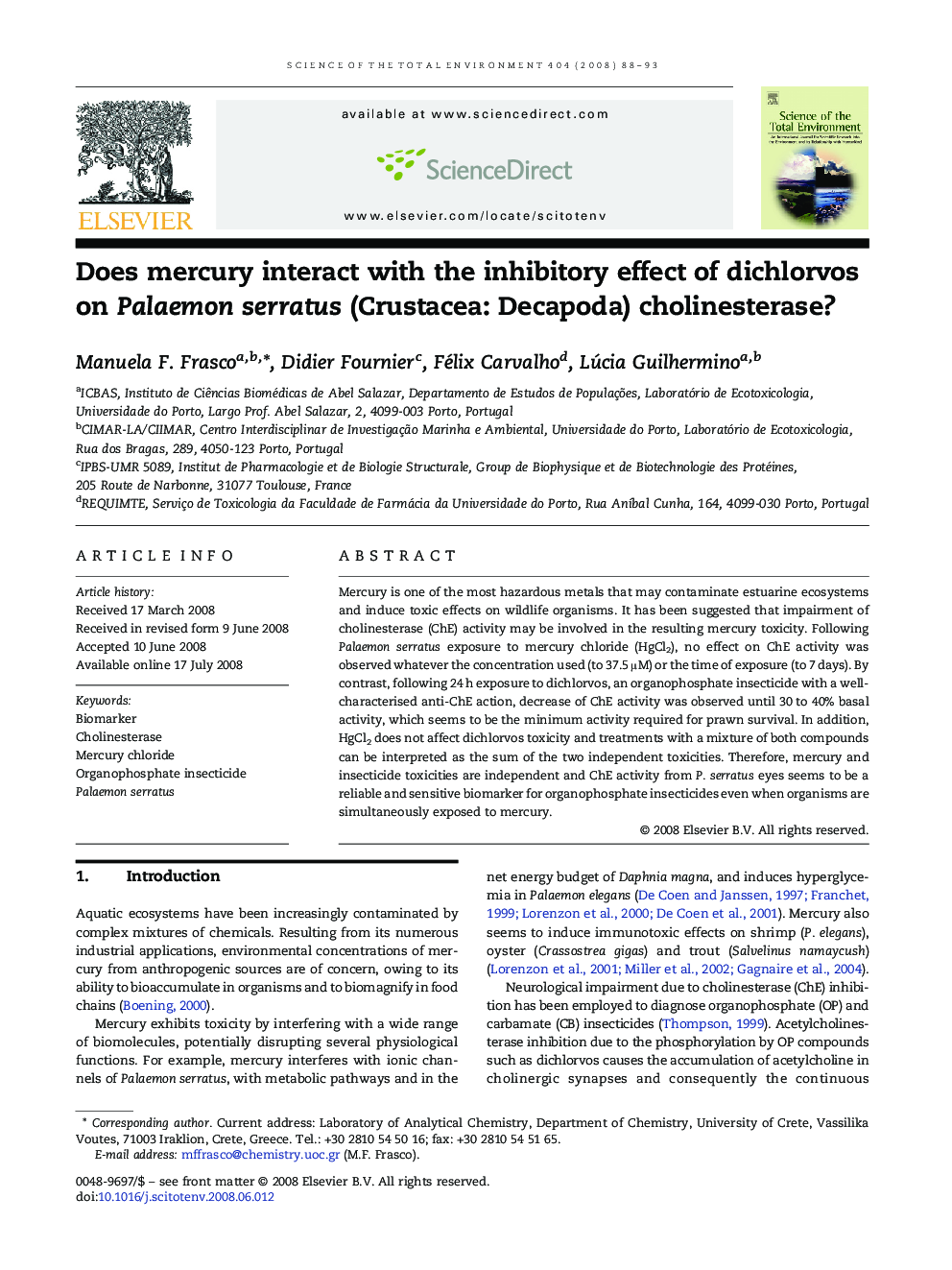 Does mercury interact with the inhibitory effect of dichlorvos on Palaemon serratus (Crustacea: Decapoda) cholinesterase?