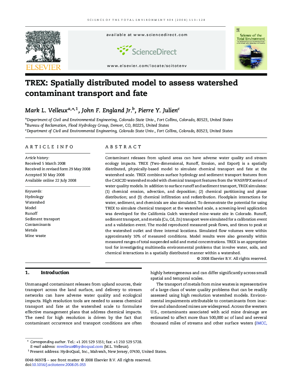 TREX: Spatially distributed model to assess watershed contaminant transport and fate