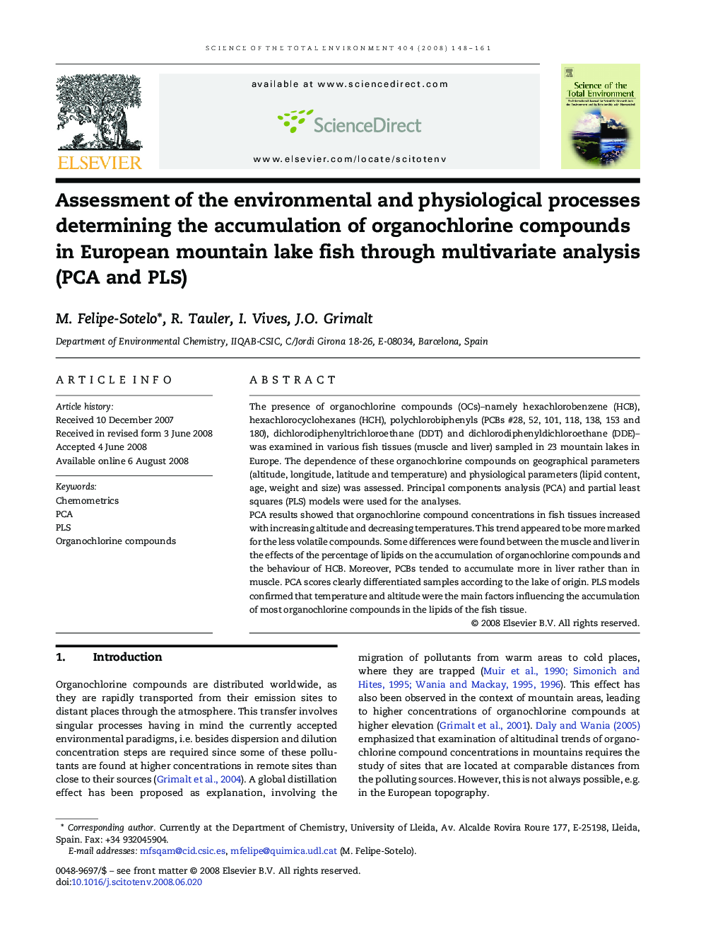 Assessment of the environmental and physiological processes determining the accumulation of organochlorine compounds in European mountain lake fish through multivariate analysis (PCA and PLS)