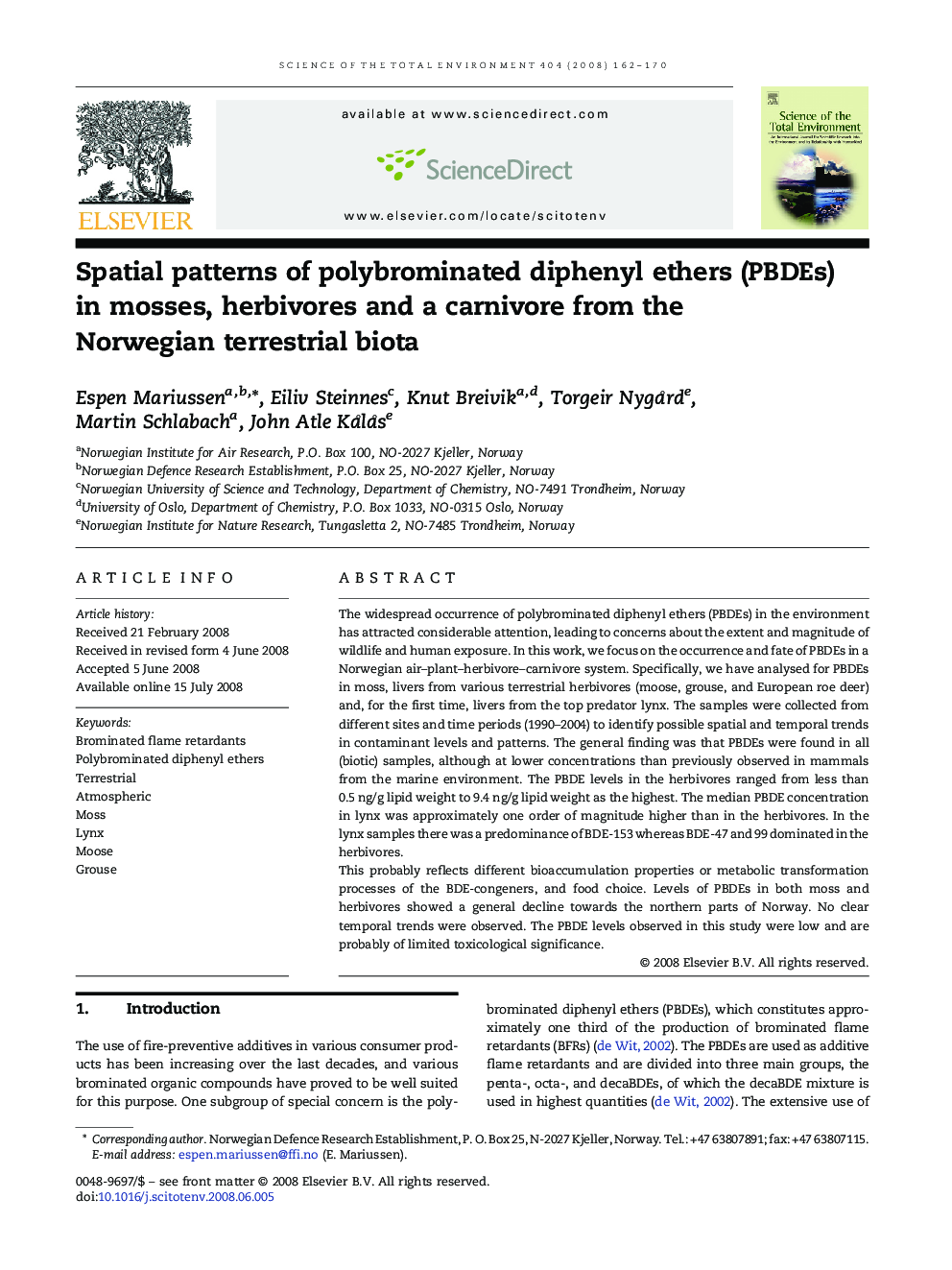 Spatial patterns of polybrominated diphenyl ethers (PBDEs) in mosses, herbivores and a carnivore from the Norwegian terrestrial biota