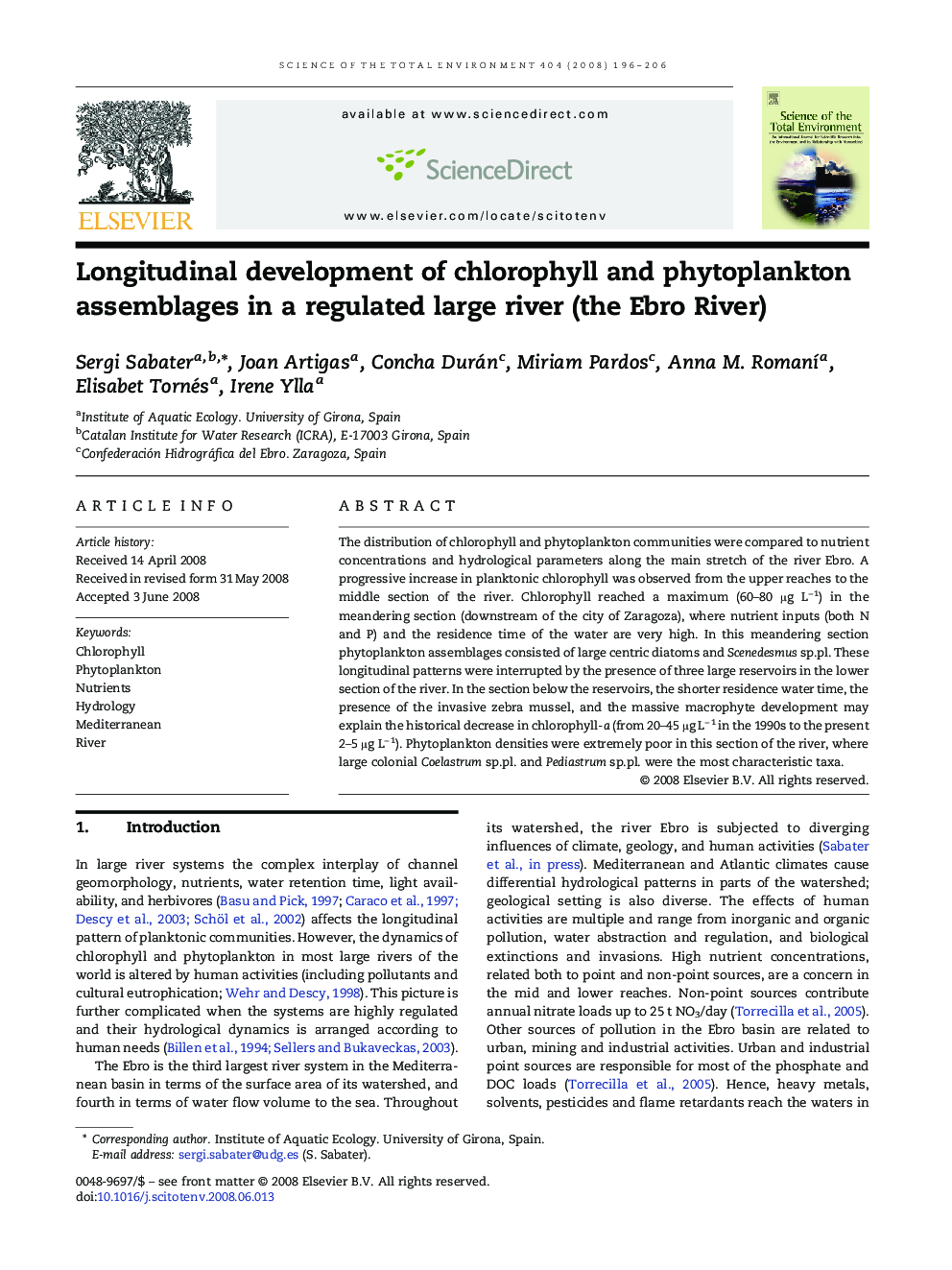 Longitudinal development of chlorophyll and phytoplankton assemblages in a regulated large river (the Ebro River)