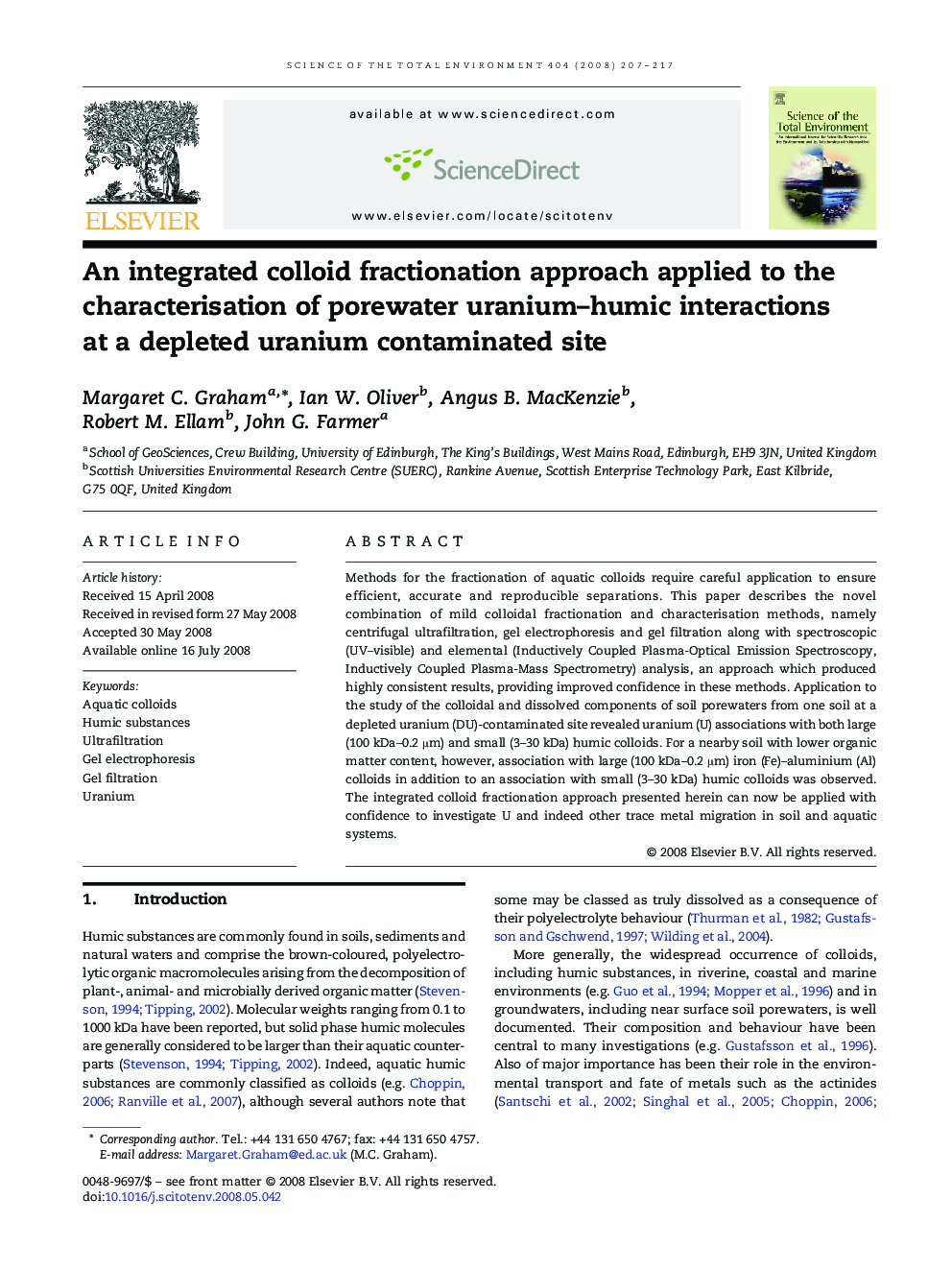 An integrated colloid fractionation approach applied to the characterisation of porewater uranium–humic interactions at a depleted uranium contaminated site