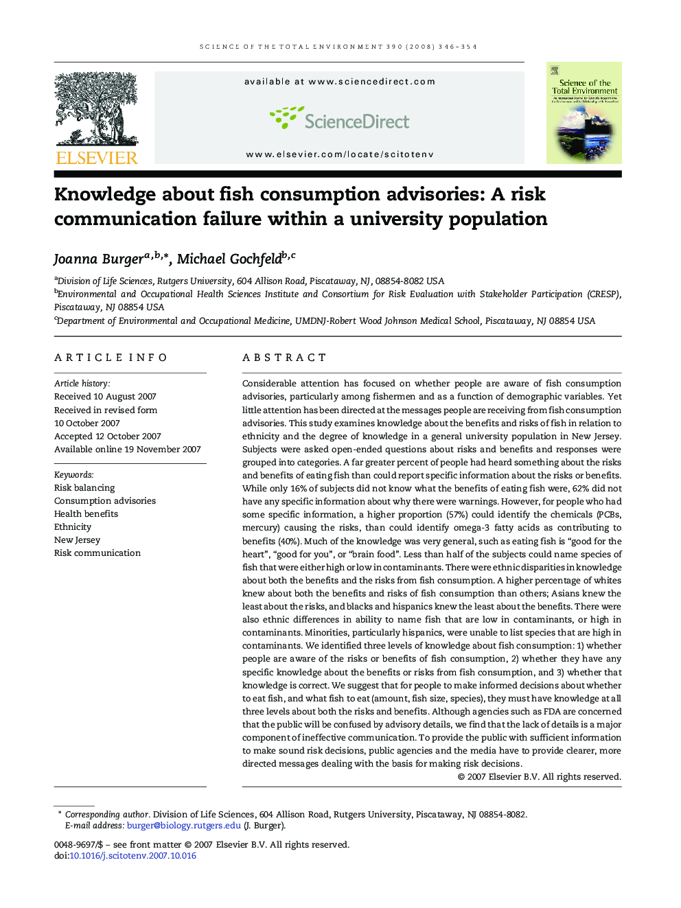 Knowledge about fish consumption advisories: A risk communication failure within a university population