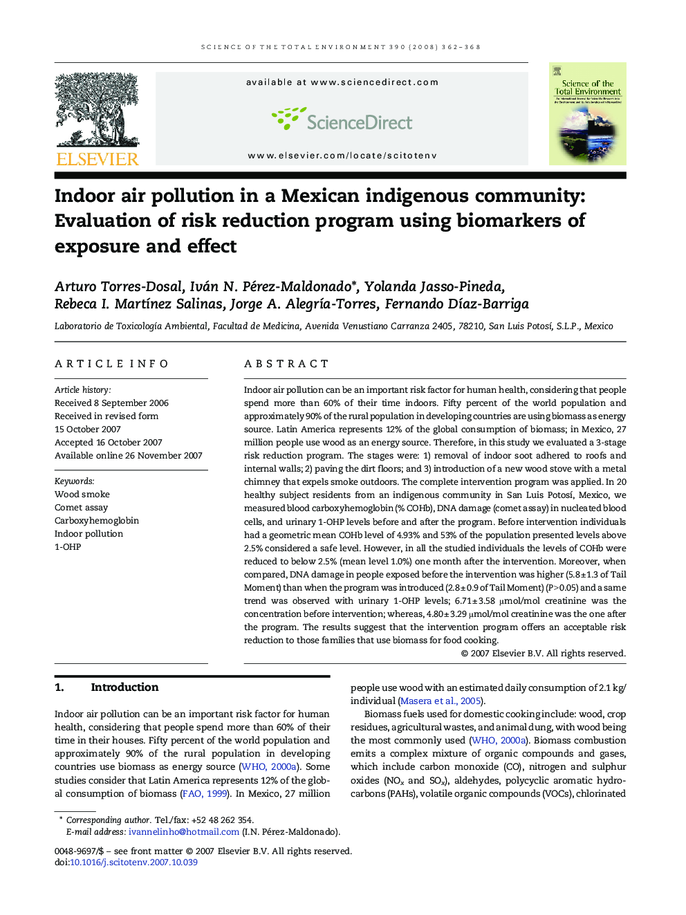 Indoor air pollution in a Mexican indigenous community: Evaluation of risk reduction program using biomarkers of exposure and effect