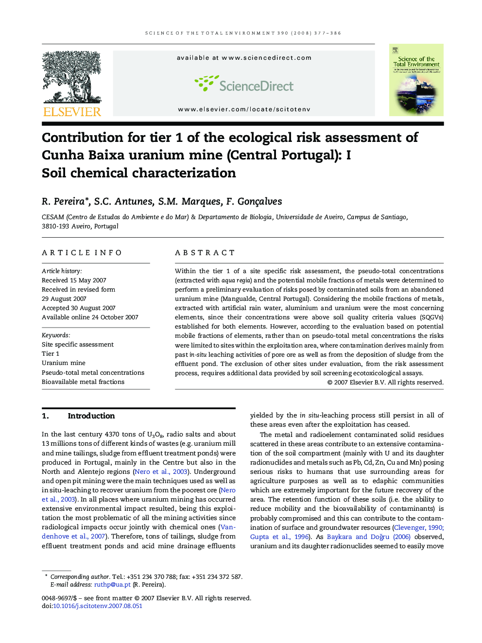 Contribution for tier 1 of the ecological risk assessment of Cunha Baixa uranium mine (Central Portugal): I Soil chemical characterization