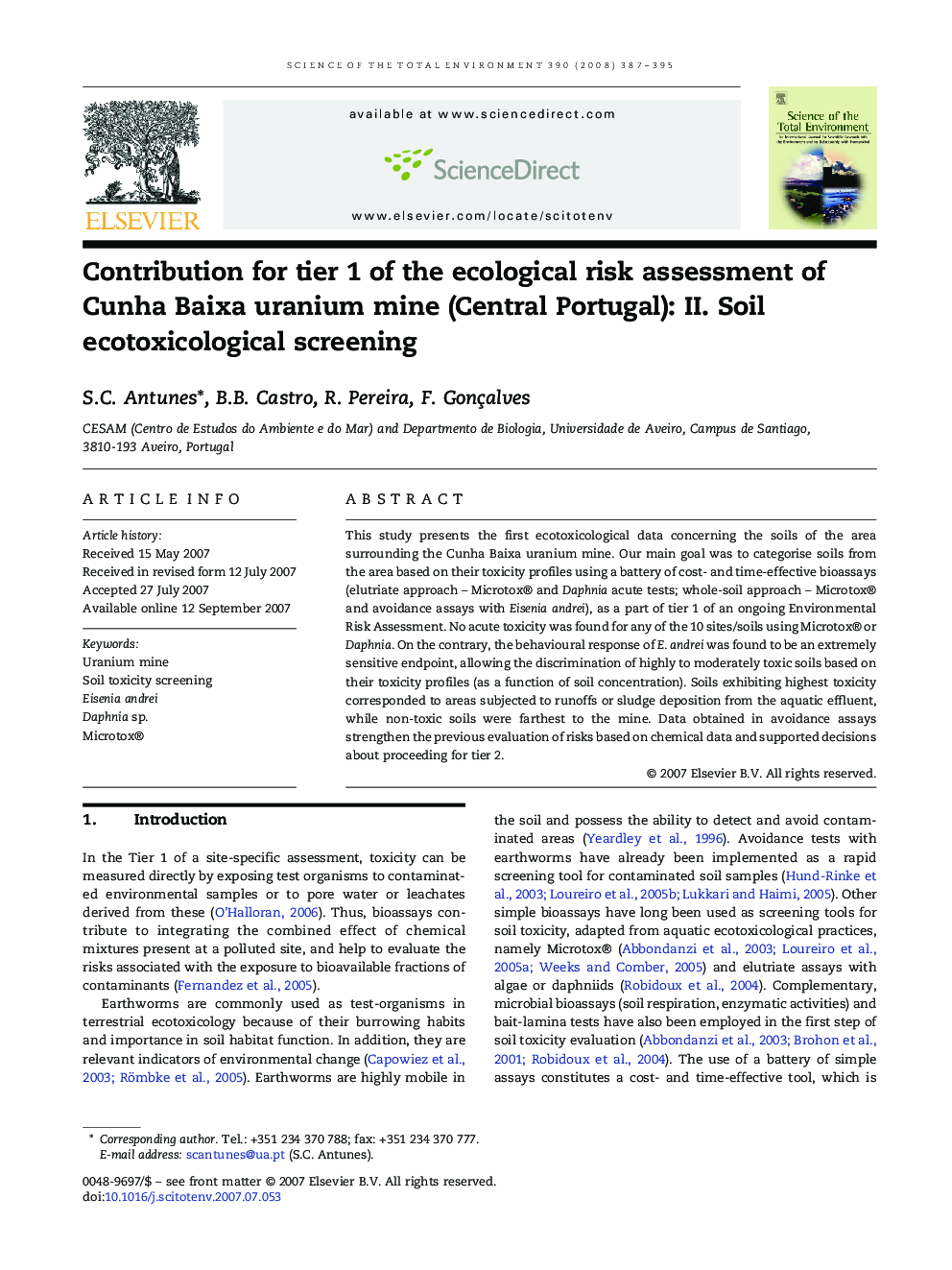 Contribution for tier 1 of the ecological risk assessment of Cunha Baixa uranium mine (Central Portugal): II. Soil ecotoxicological screening