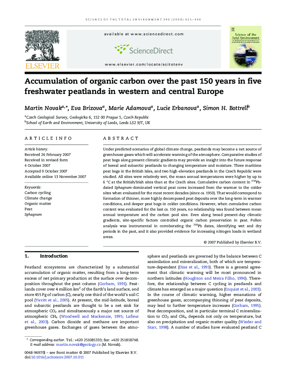 Accumulation of organic carbon over the past 150 years in five freshwater peatlands in western and central Europe