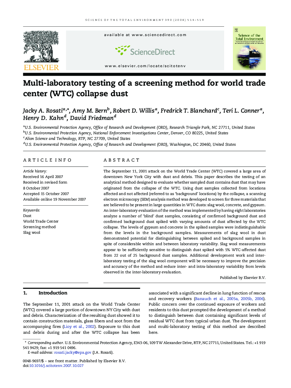 Multi-laboratory testing of a screening method for world trade center (WTC) collapse dust