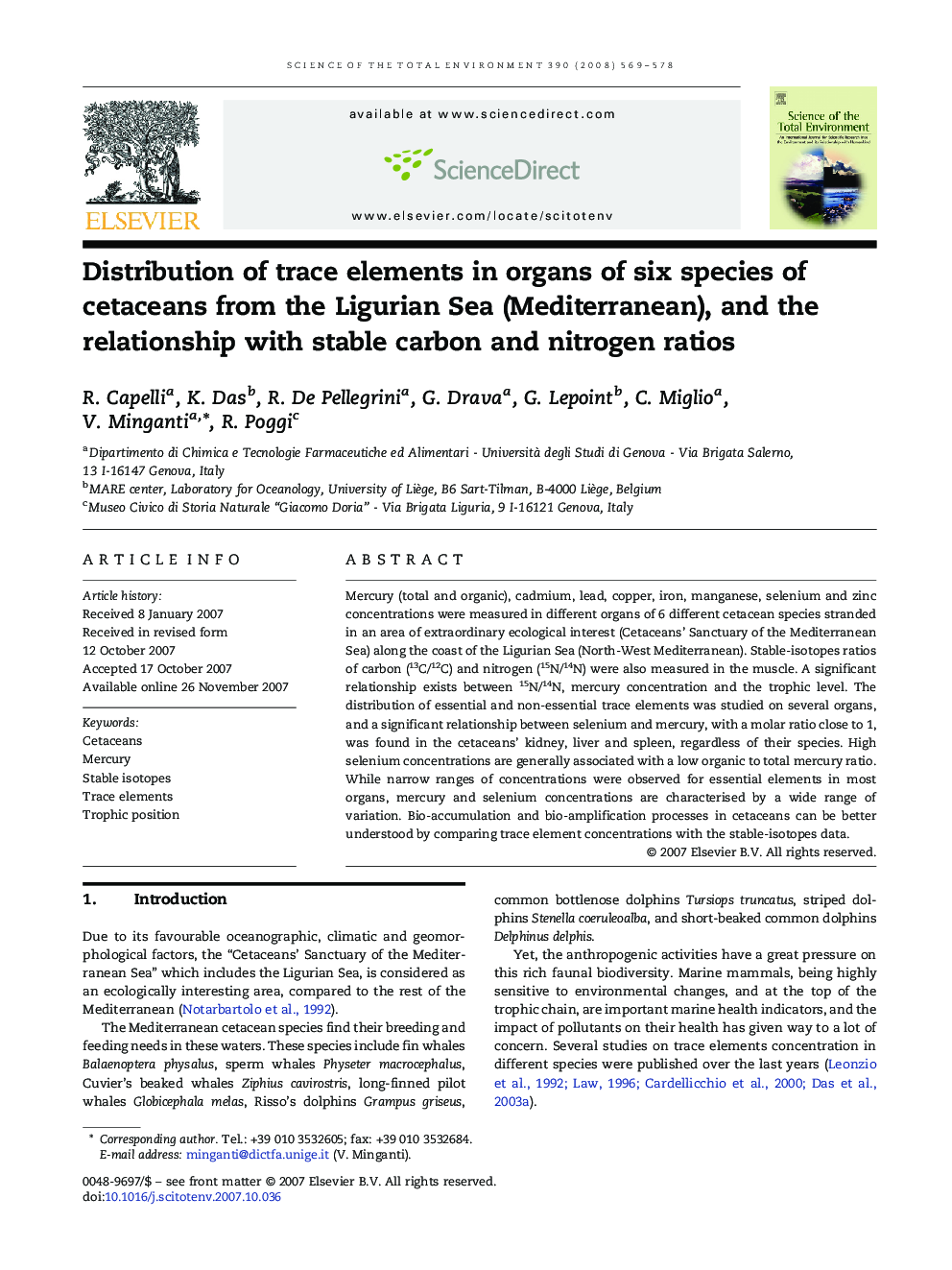 Distribution of trace elements in organs of six species of cetaceans from the Ligurian Sea (Mediterranean), and the relationship with stable carbon and nitrogen ratios