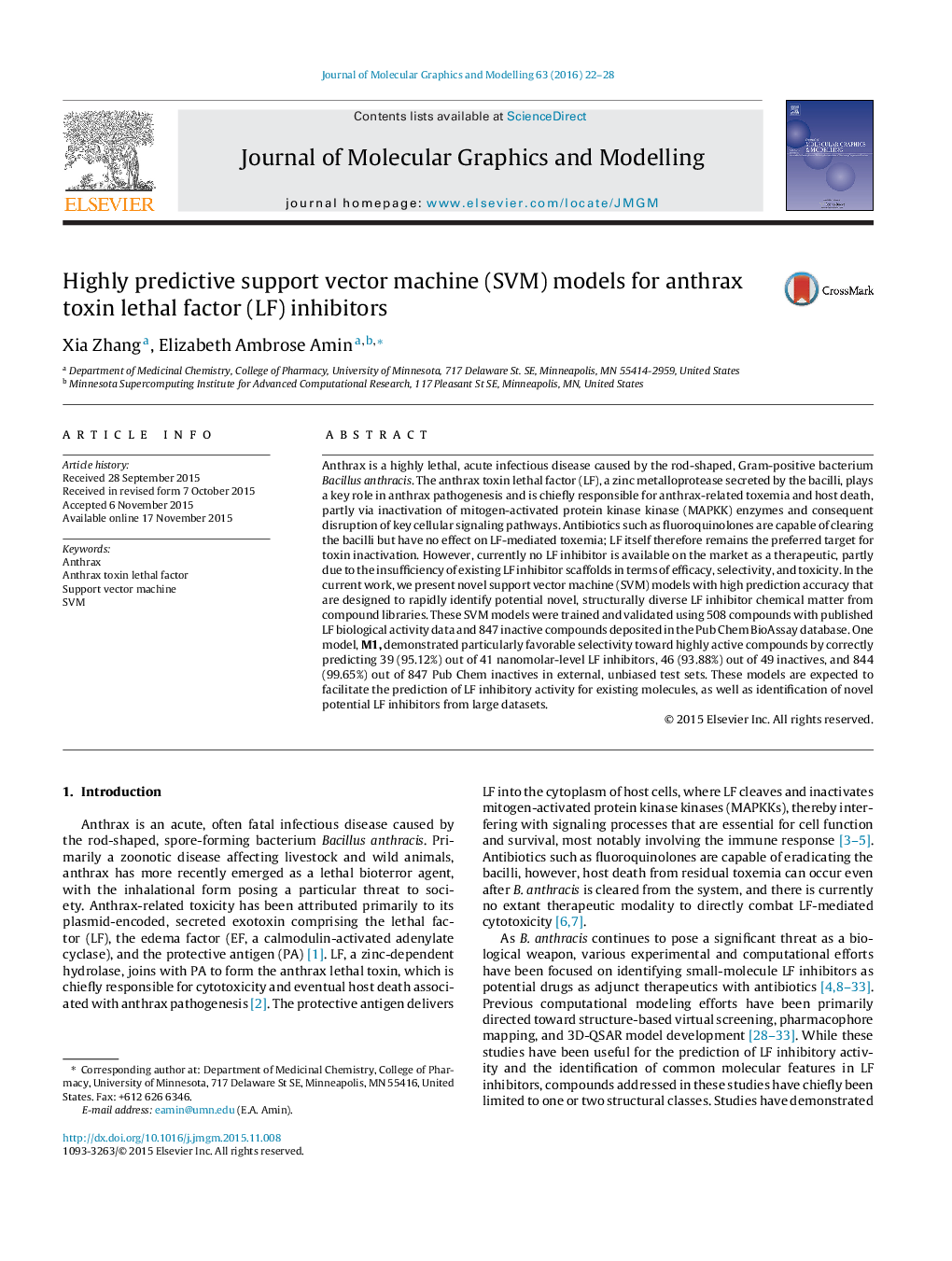 Highly predictive support vector machine (SVM) models for anthrax toxin lethal factor (LF) inhibitors