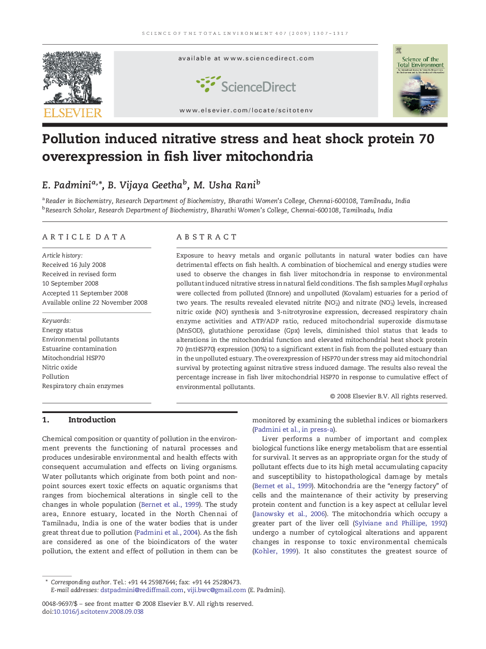 Pollution induced nitrative stress and heat shock protein 70 overexpression in fish liver mitochondria