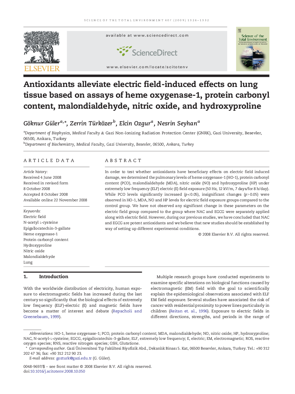 Antioxidants alleviate electric field-induced effects on lung tissue based on assays of heme oxygenase-1, protein carbonyl content, malondialdehyde, nitric oxide, and hydroxyproline