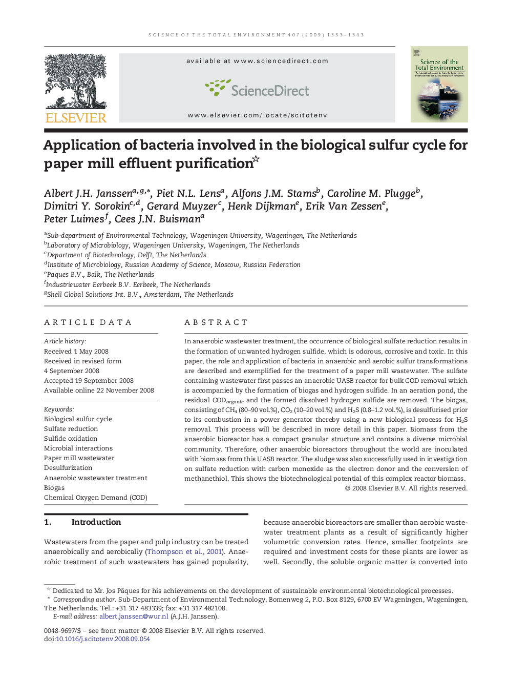 Application of bacteria involved in the biological sulfur cycle for paper mill effluent purification 