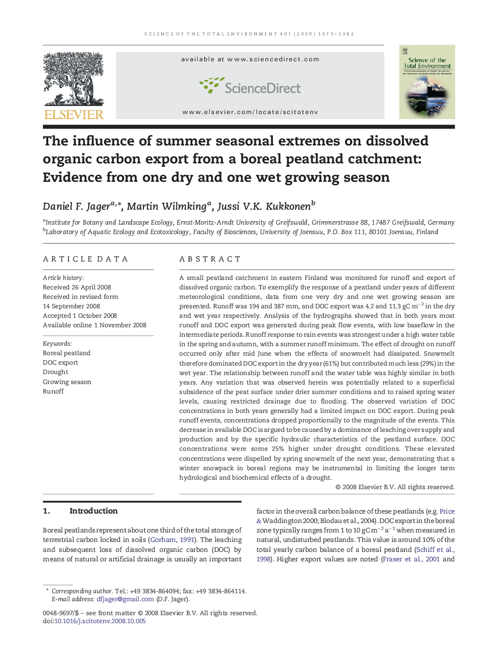 عکس صفحه اول مقاله: The influence of summer seasonal extremes on dissolved organic carbon export from a boreal peatland catchment: Evidence from one dry and one wet growing season The influence of summer seasonal extremes on dissolved organic carbon export from a boreal peatland catchment: Evidence from one dry and one wet growing season