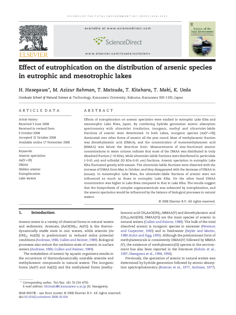 Effect of eutrophication on the distribution of arsenic species in eutrophic and mesotrophic lakes