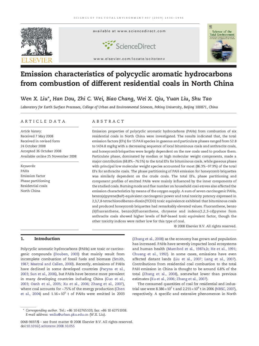 Emission characteristics of polycyclic aromatic hydrocarbons from combustion of different residential coals in North China