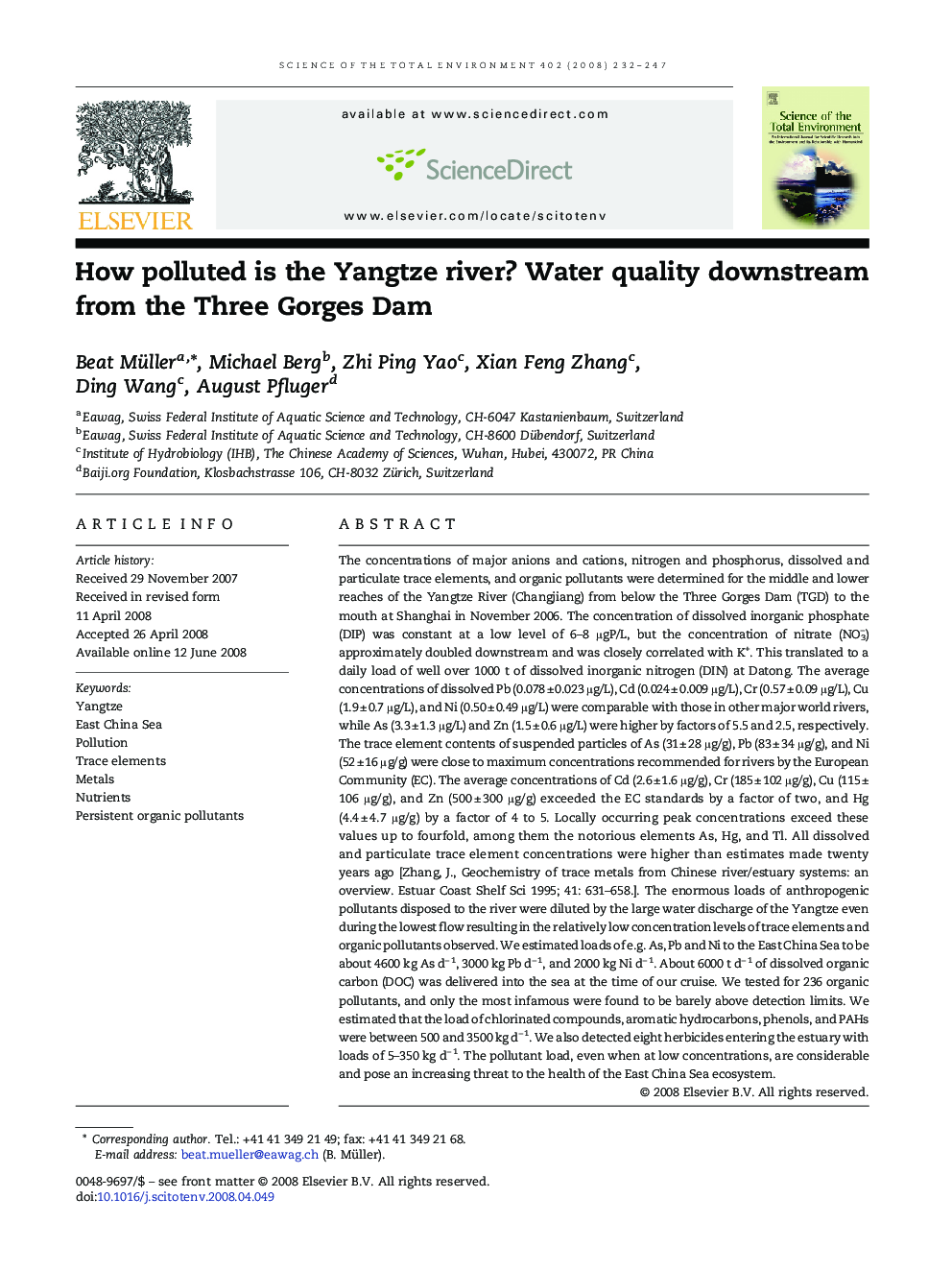 How polluted is the Yangtze river? Water quality downstream from the Three Gorges Dam