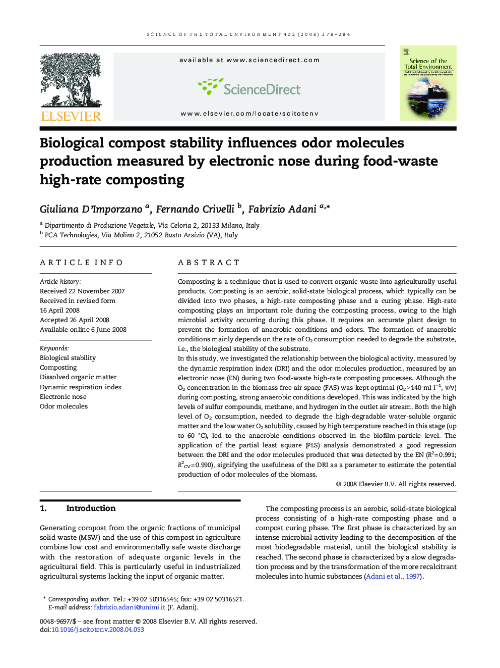 Biological compost stability influences odor molecules production measured by electronic nose during food-waste high-rate composting