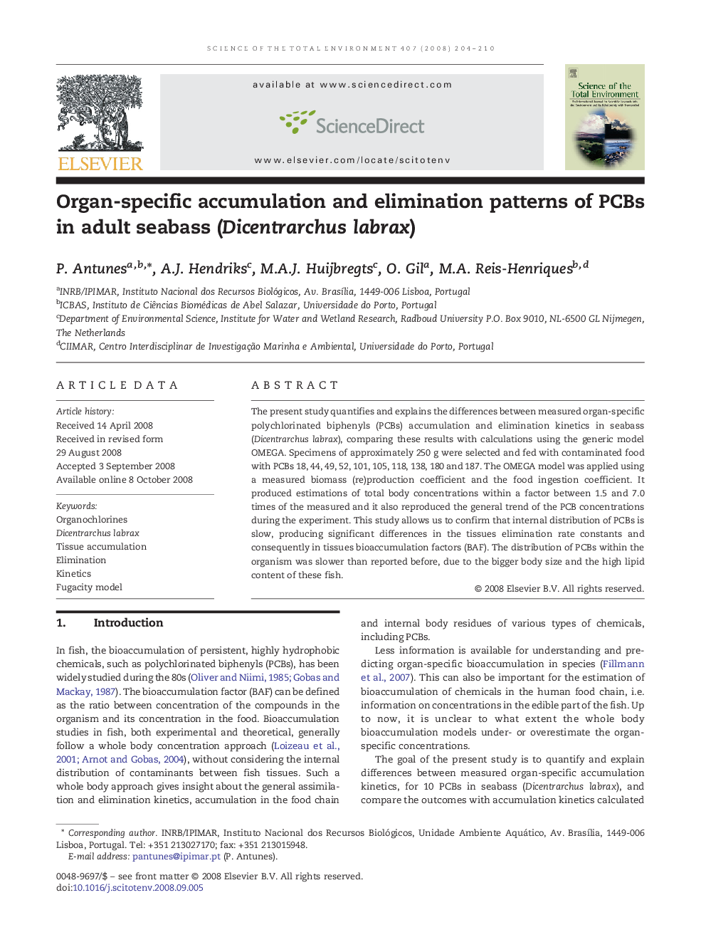 Organ-specific accumulation and elimination patterns of PCBs in adult seabass (Dicentrarchus labrax)