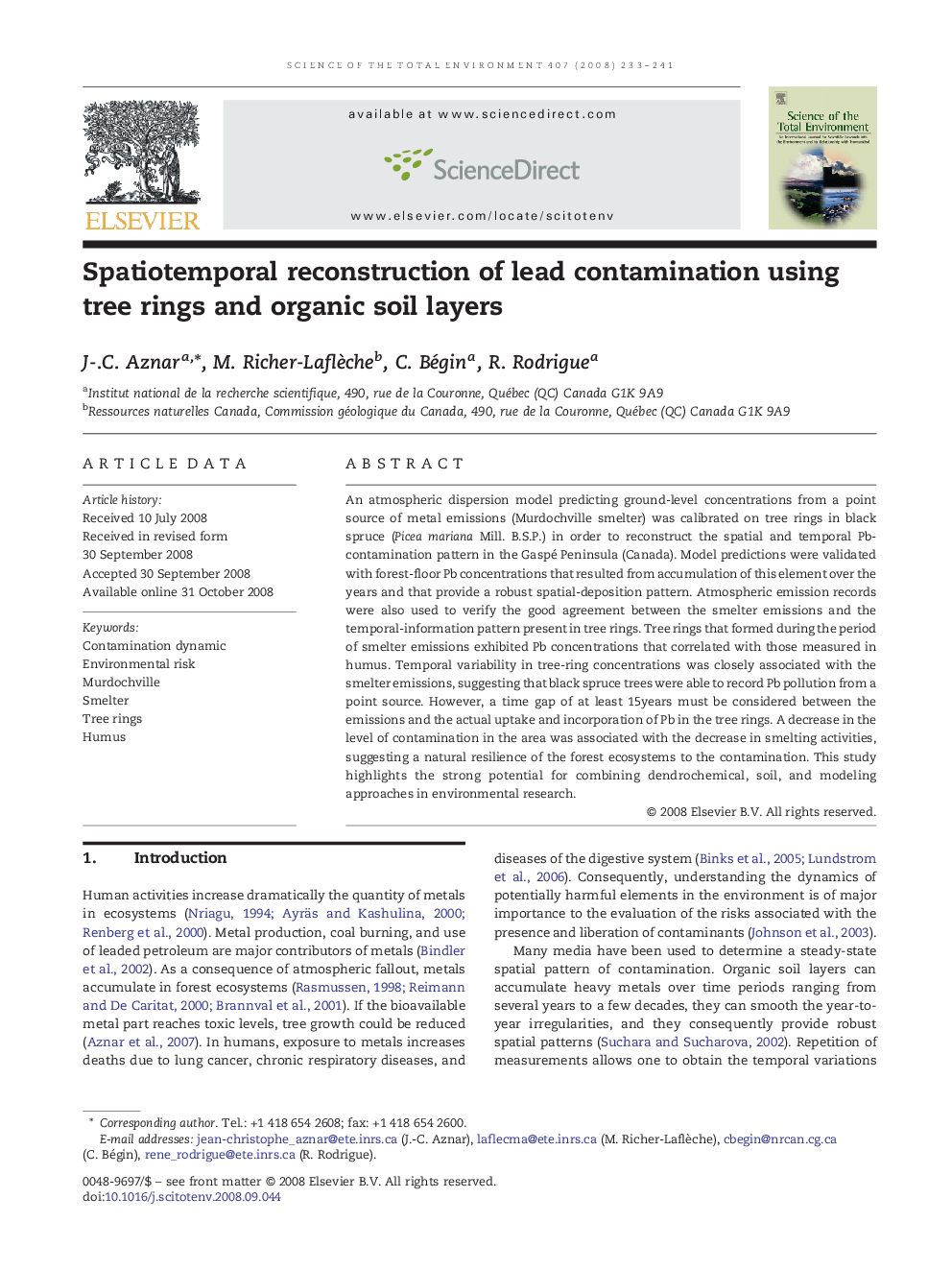 Spatiotemporal reconstruction of lead contamination using tree rings and organic soil layers