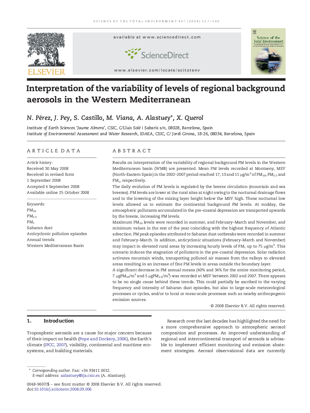 Interpretation of the variability of levels of regional background aerosols in the Western Mediterranean