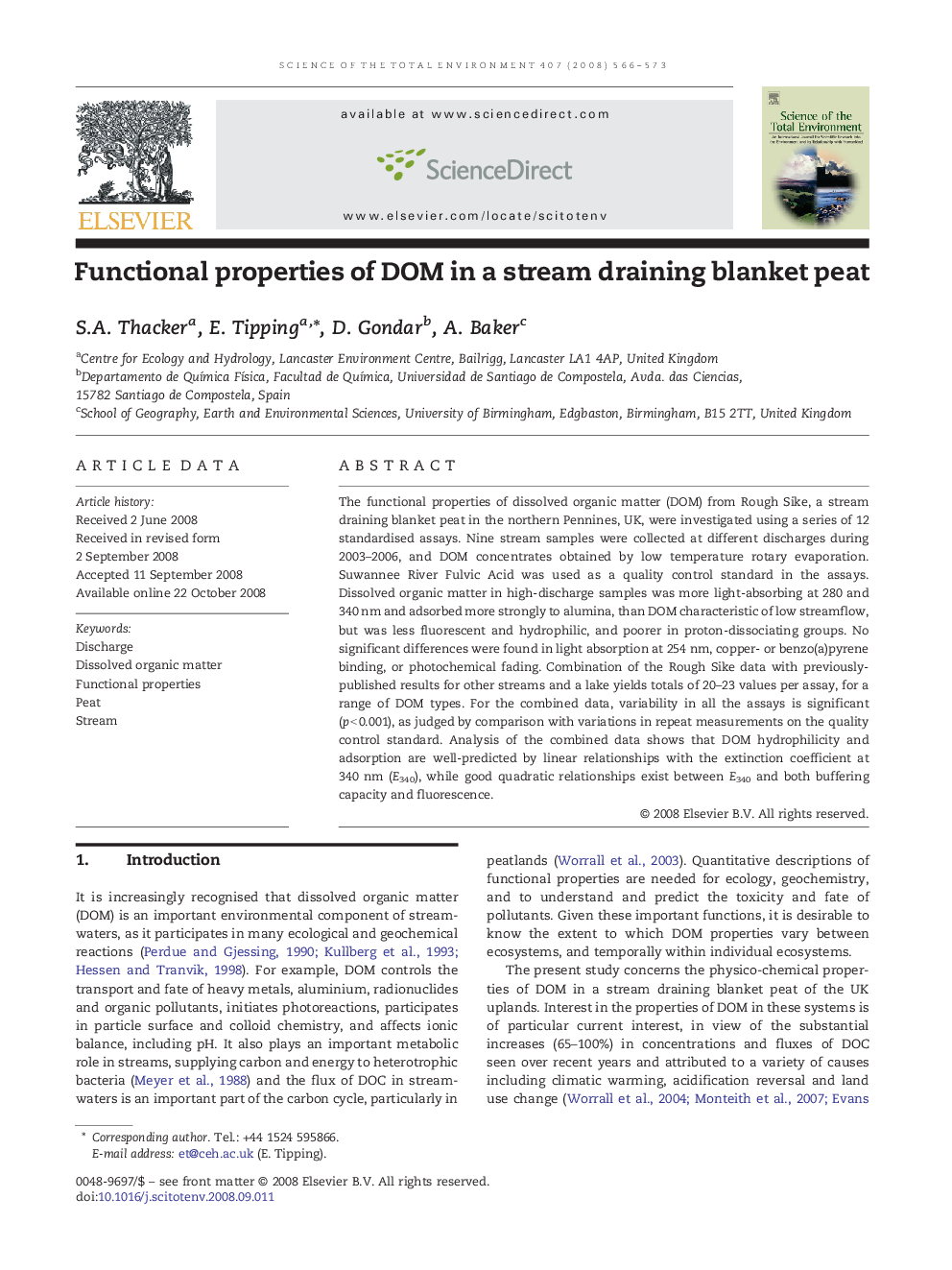 Functional properties of DOM in a stream draining blanket peat