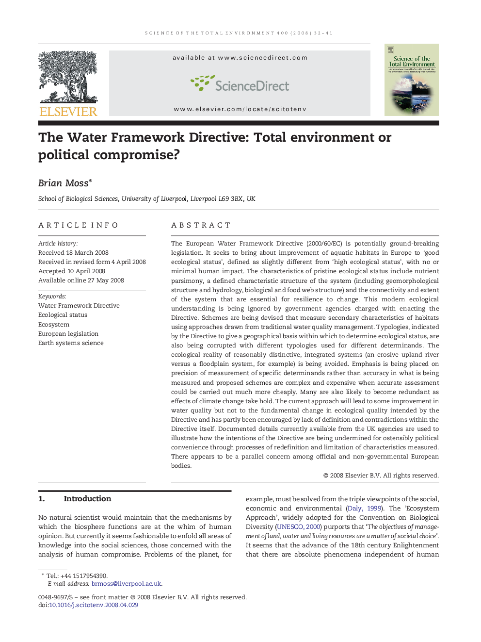 The Water Framework Directive: Total environment or political compromise?