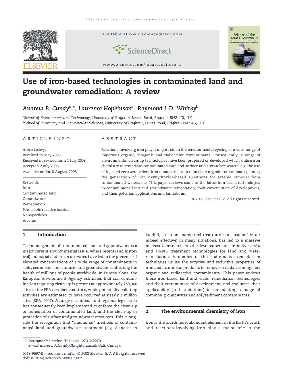 Use of iron-based technologies in contaminated land and groundwater remediation: A review