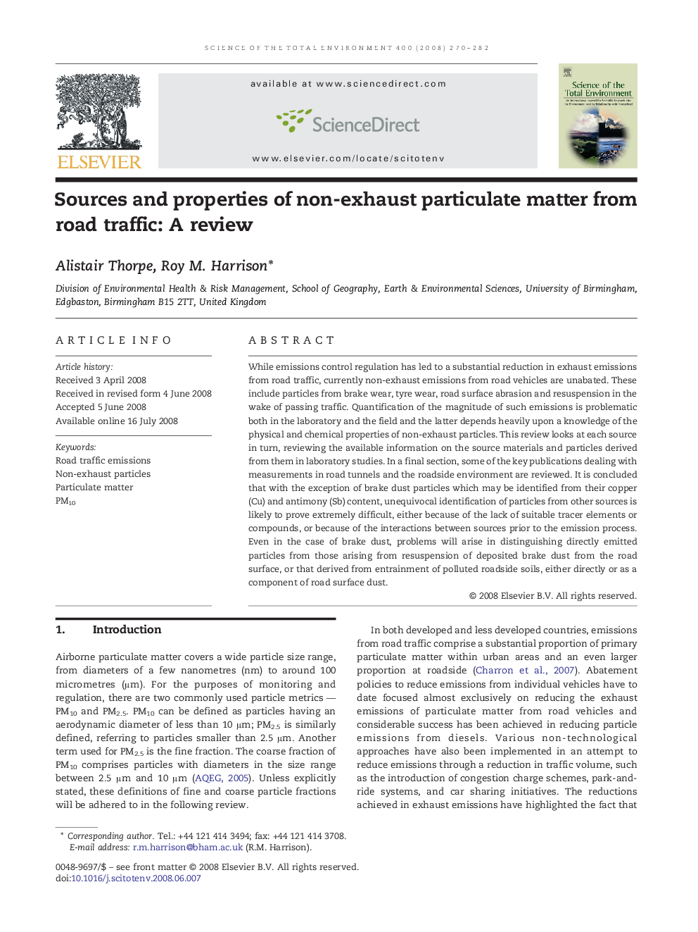 Sources and properties of non-exhaust particulate matter from road traffic: A review