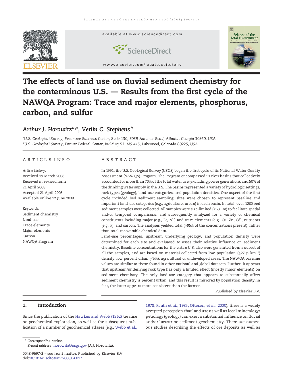 The effects of land use on fluvial sediment chemistry for the conterminous U.S. — Results from the first cycle of the NAWQA Program: Trace and major elements, phosphorus, carbon, and sulfur