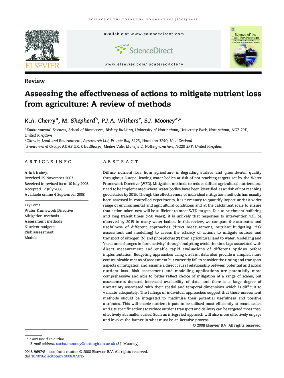 Assessing the effectiveness of actions to mitigate nutrient loss from agriculture: A review of methods