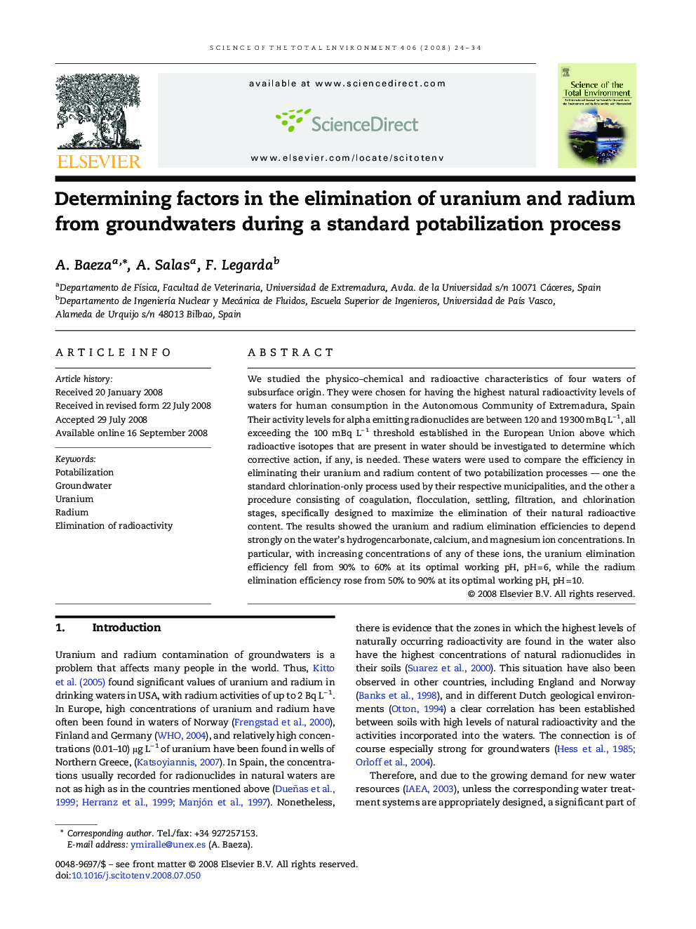 Determining factors in the elimination of uranium and radium from groundwaters during a standard potabilization process