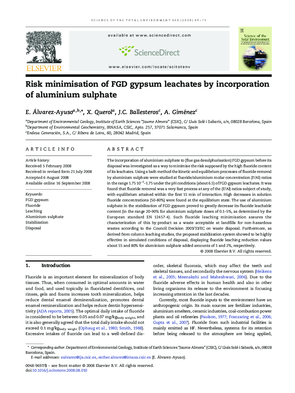 Risk minimisation of FGD gypsum leachates by incorporation of aluminium sulphate