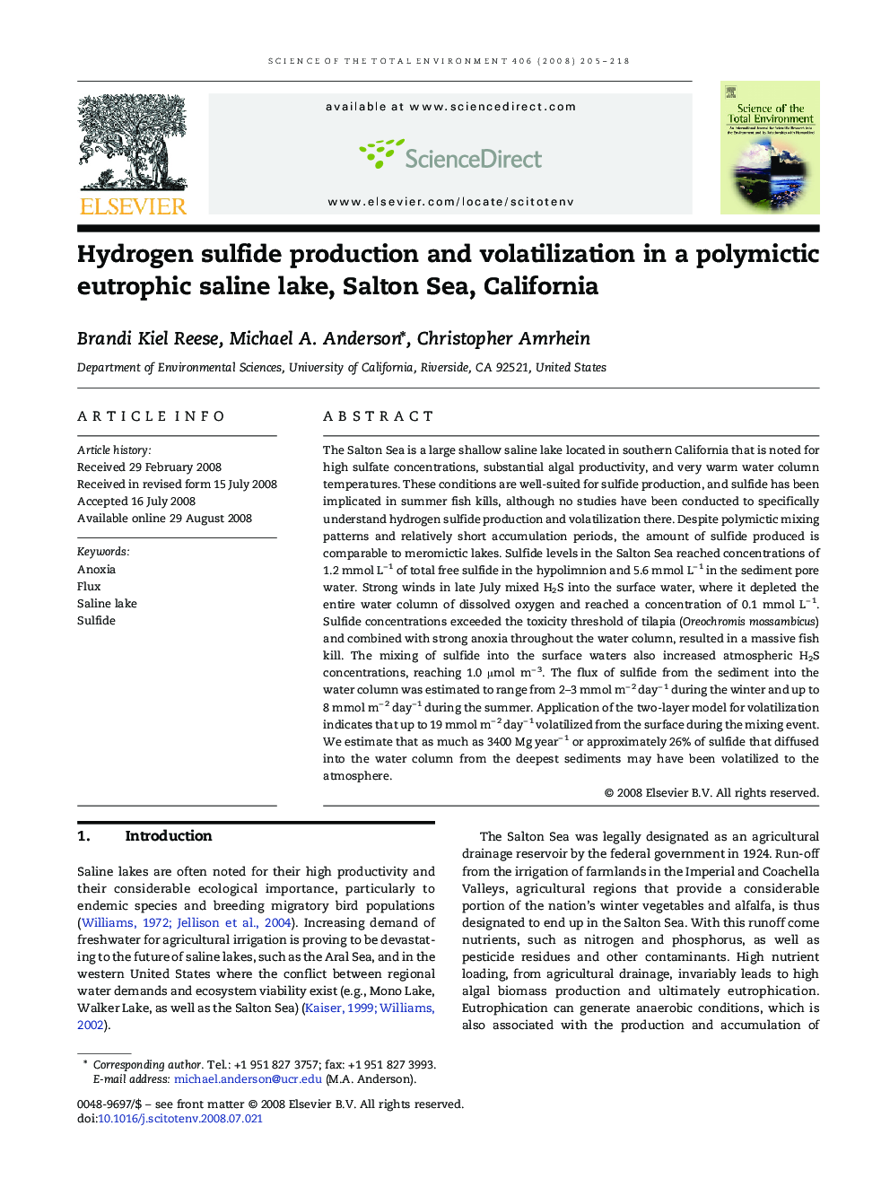 Hydrogen sulfide production and volatilization in a polymictic eutrophic saline lake, Salton Sea, California