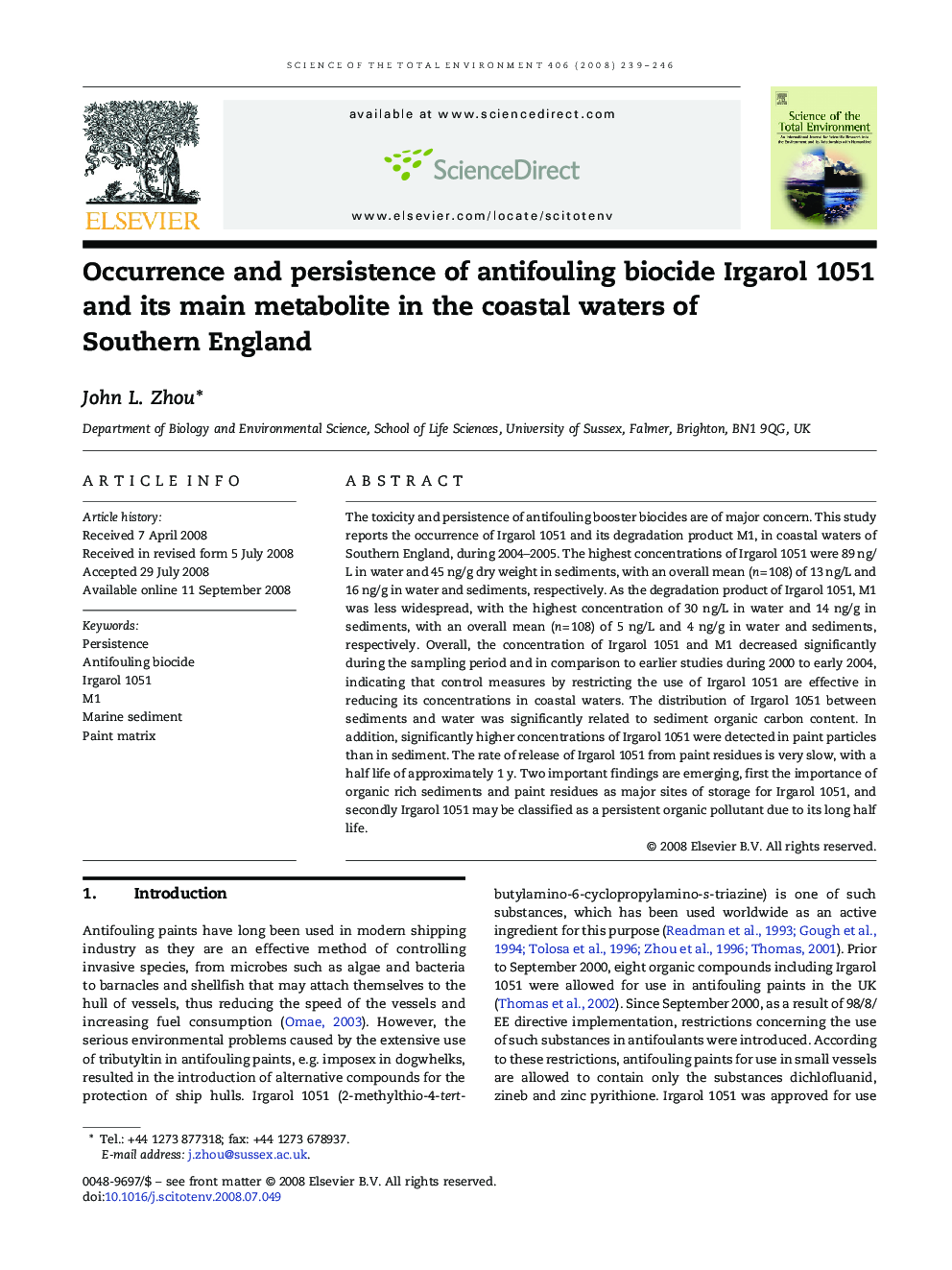 Occurrence and persistence of antifouling biocide Irgarol 1051 and its main metabolite in the coastal waters of Southern England