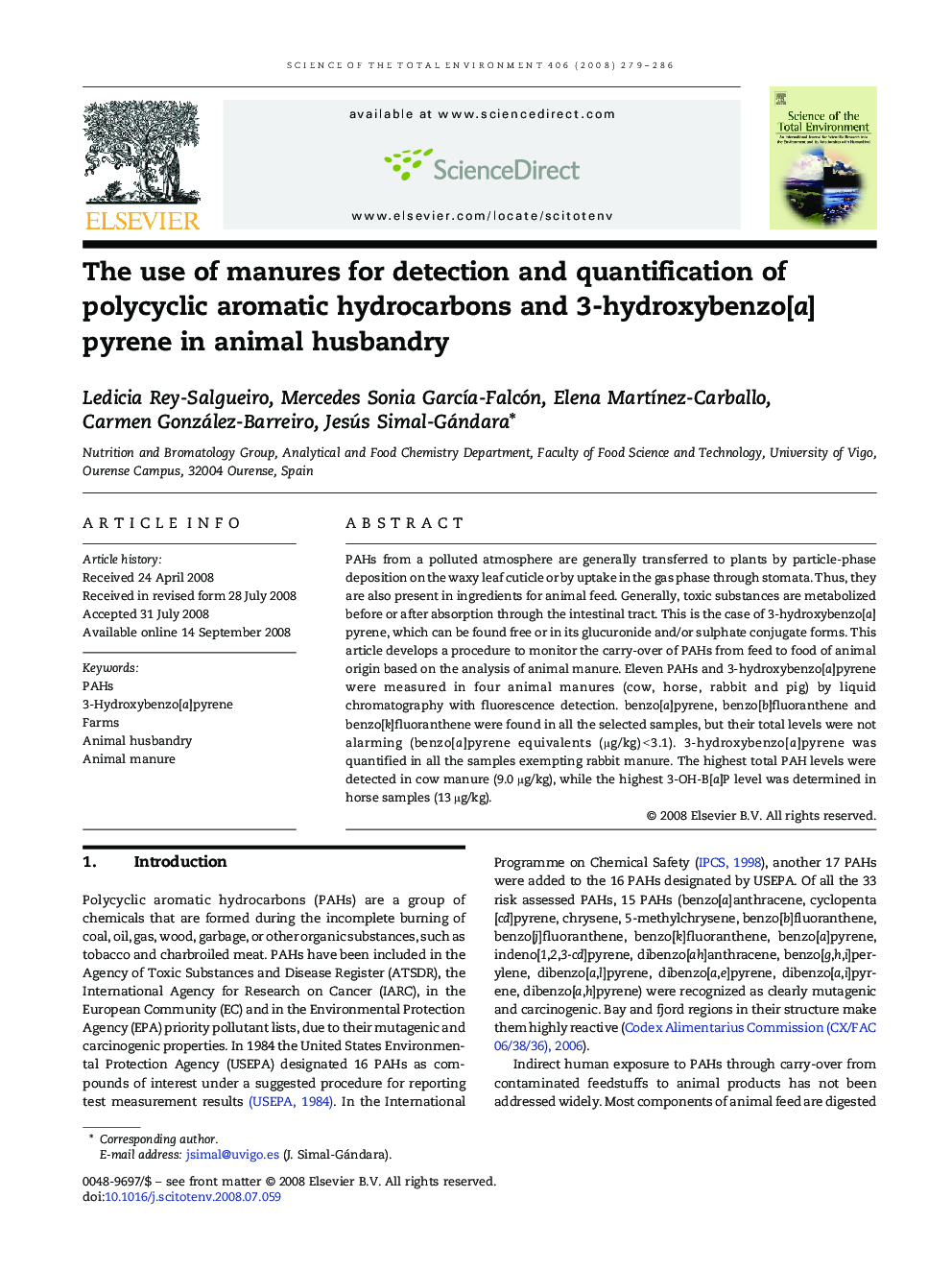The use of manures for detection and quantification of polycyclic aromatic hydrocarbons and 3-hydroxybenzo[a]pyrene in animal husbandry