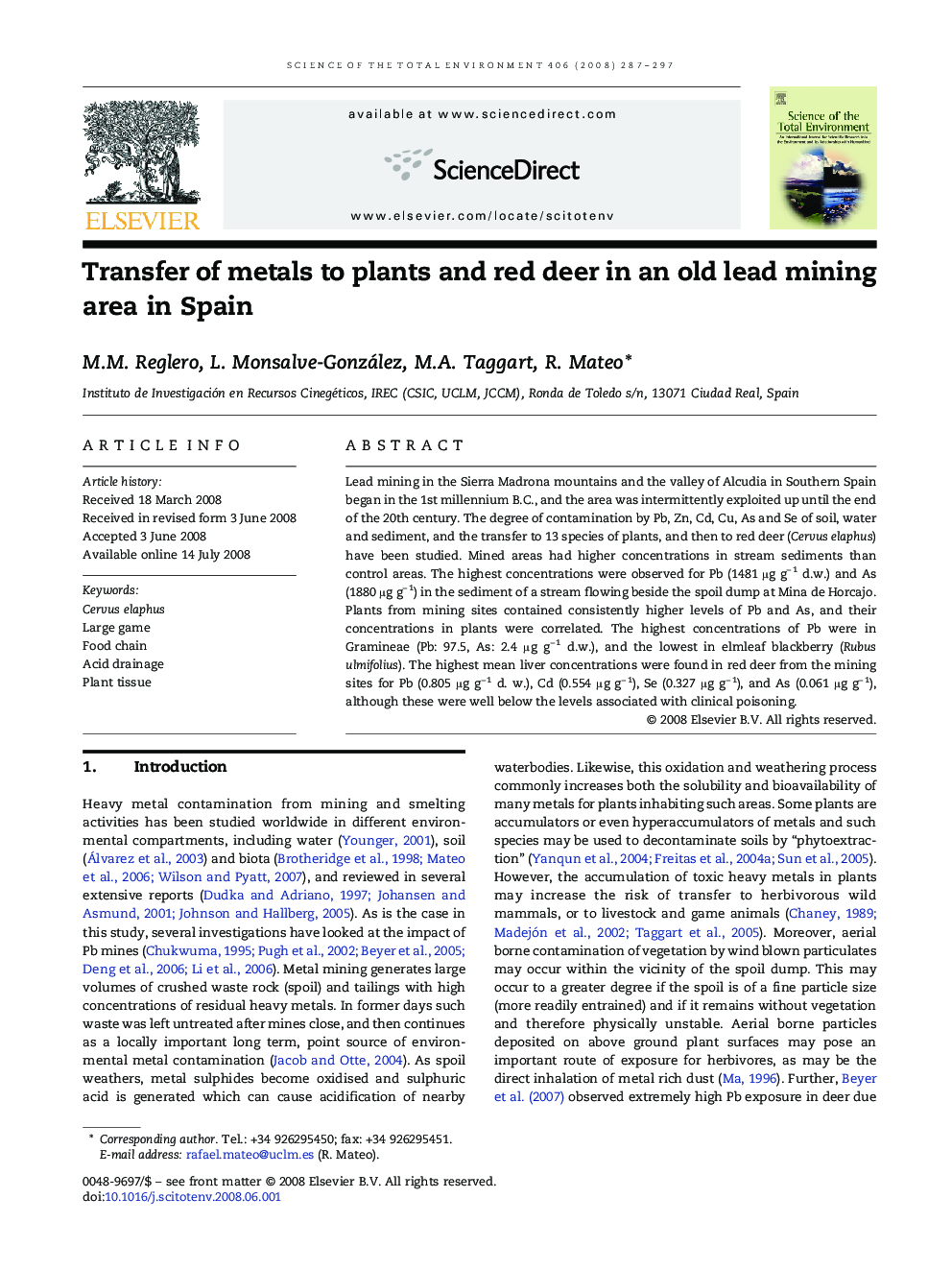 Transfer of metals to plants and red deer in an old lead mining area in Spain