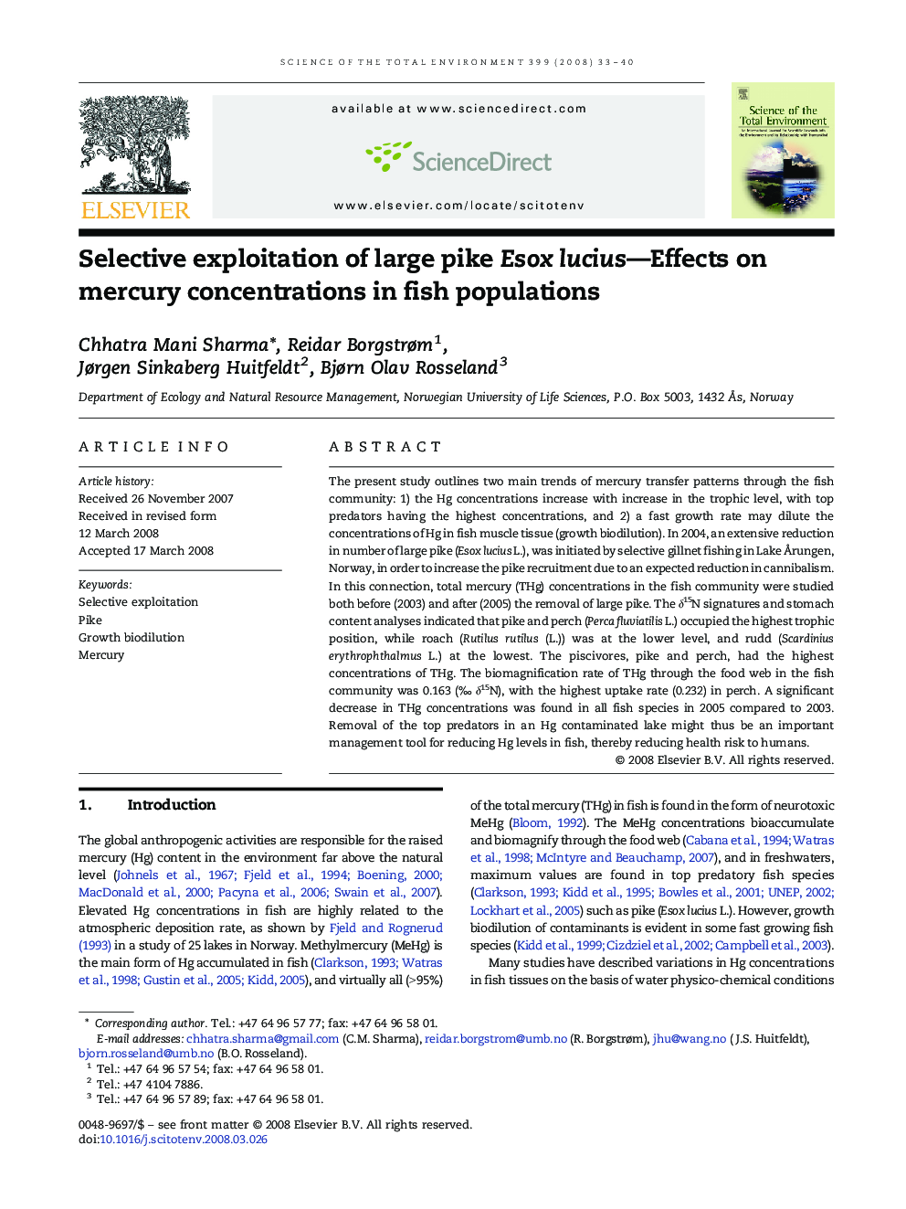 Selective exploitation of large pike Esox lucius—Effects on mercury concentrations in fish populations