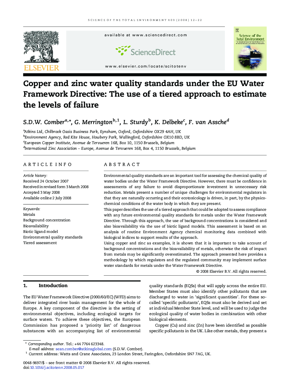 Copper and zinc water quality standards under the EU Water Framework Directive: The use of a tiered approach to estimate the levels of failure