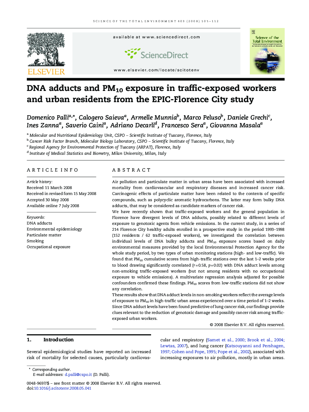 DNA adducts and PM10 exposure in traffic-exposed workers and urban residents from the EPIC-Florence City study