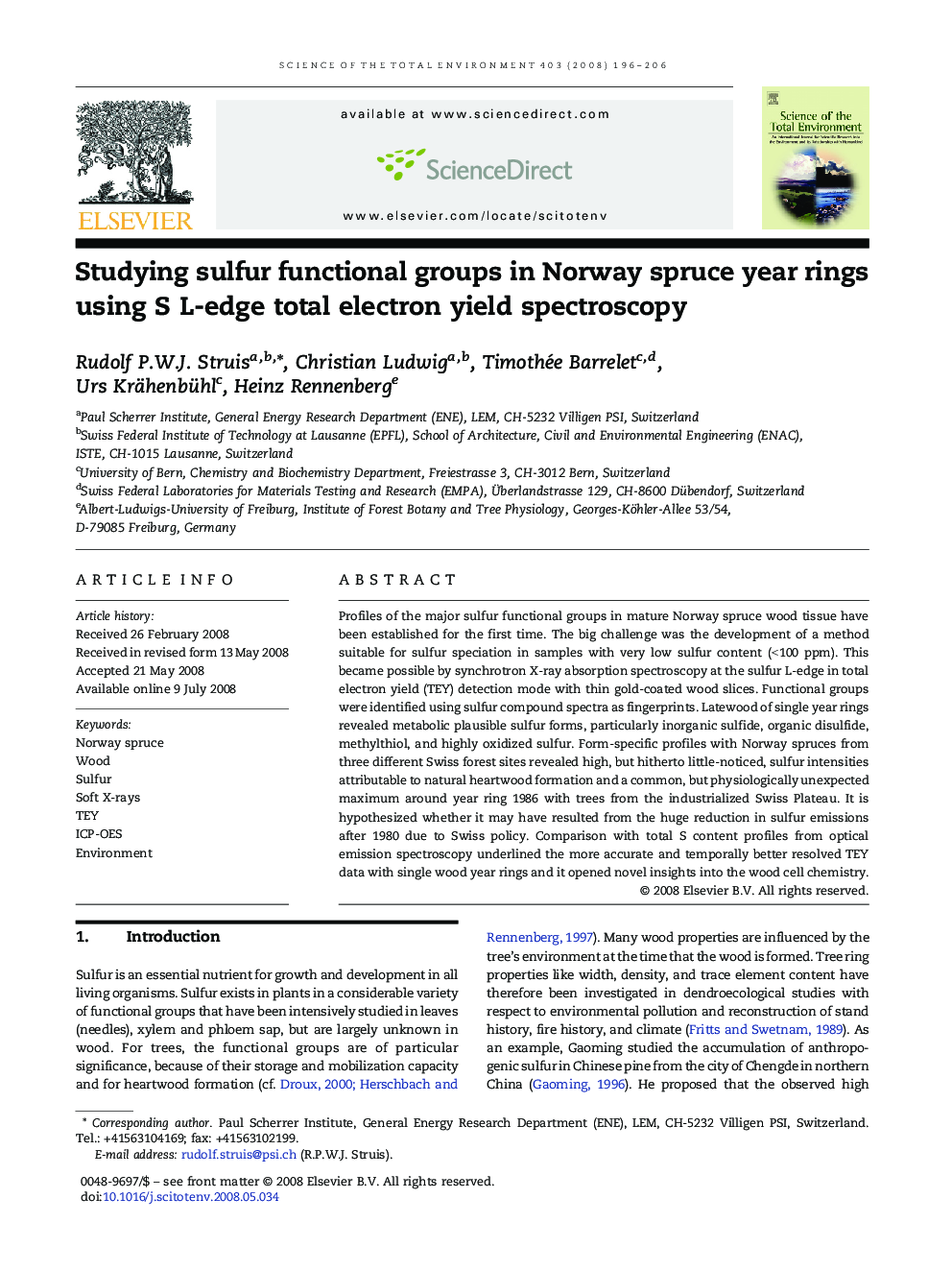 Studying sulfur functional groups in Norway spruce year rings using S L-edge total electron yield spectroscopy