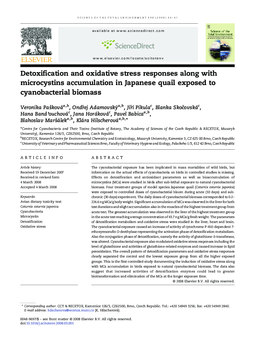 Detoxification and oxidative stress responses along with microcystins accumulation in Japanese quail exposed to cyanobacterial biomass