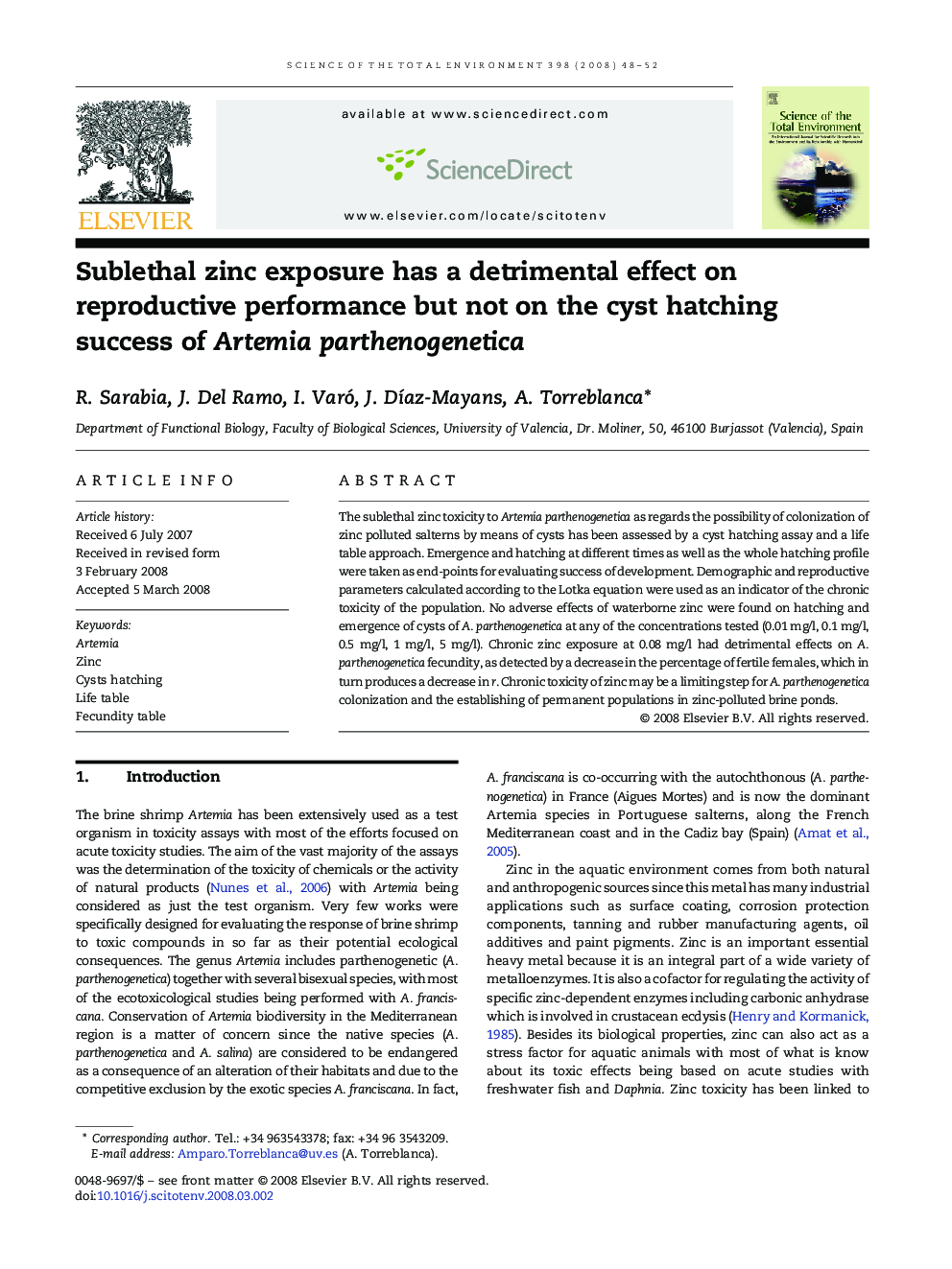 Sublethal zinc exposure has a detrimental effect on reproductive performance but not on the cyst hatching success of Artemia parthenogenetica