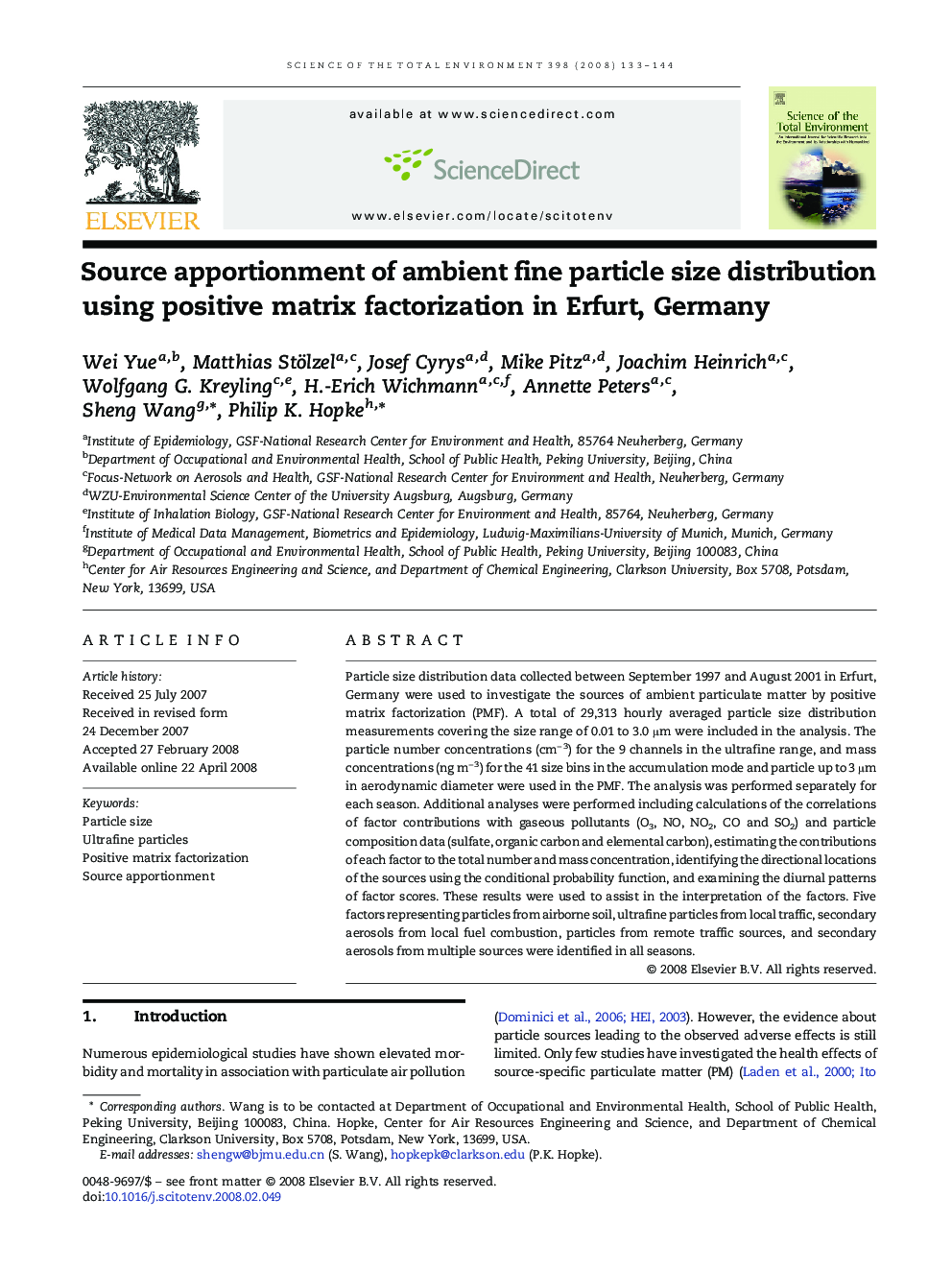 Source apportionment of ambient fine particle size distribution using positive matrix factorization in Erfurt, Germany