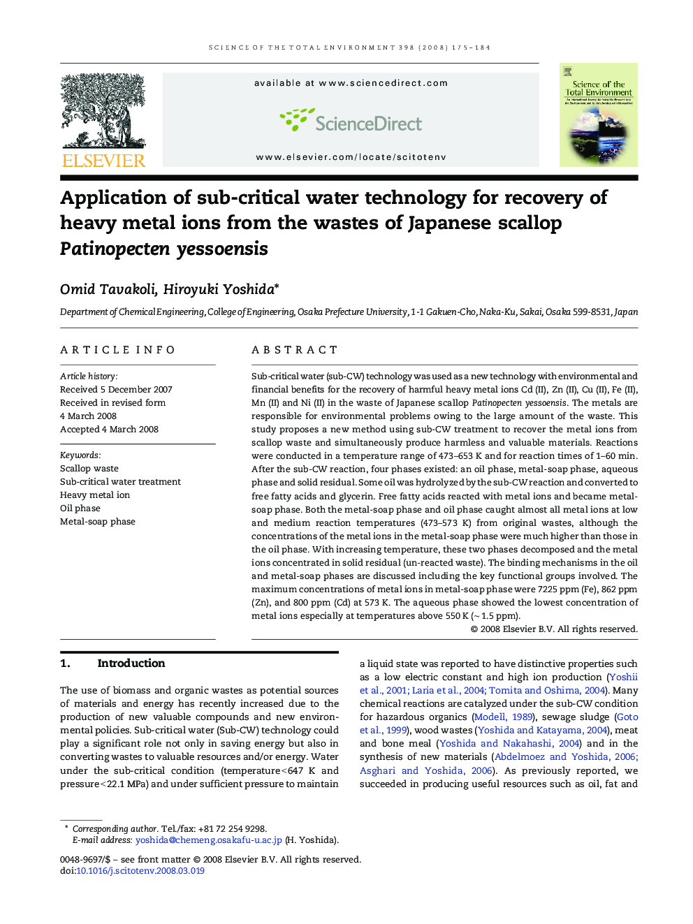 Application of sub-critical water technology for recovery of heavy metal ions from the wastes of Japanese scallop Patinopecten yessoensis